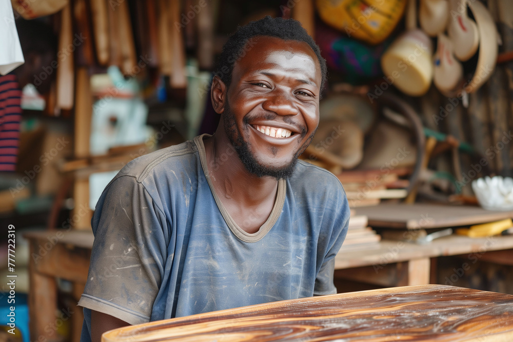 Artisan's Joyful Expression in Woodworking Shop