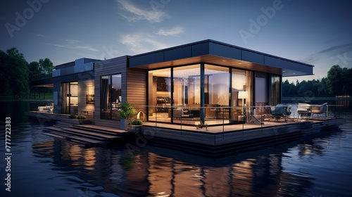 Modern waterfront house  featuring large windows  terrace  and outdoor furniture.