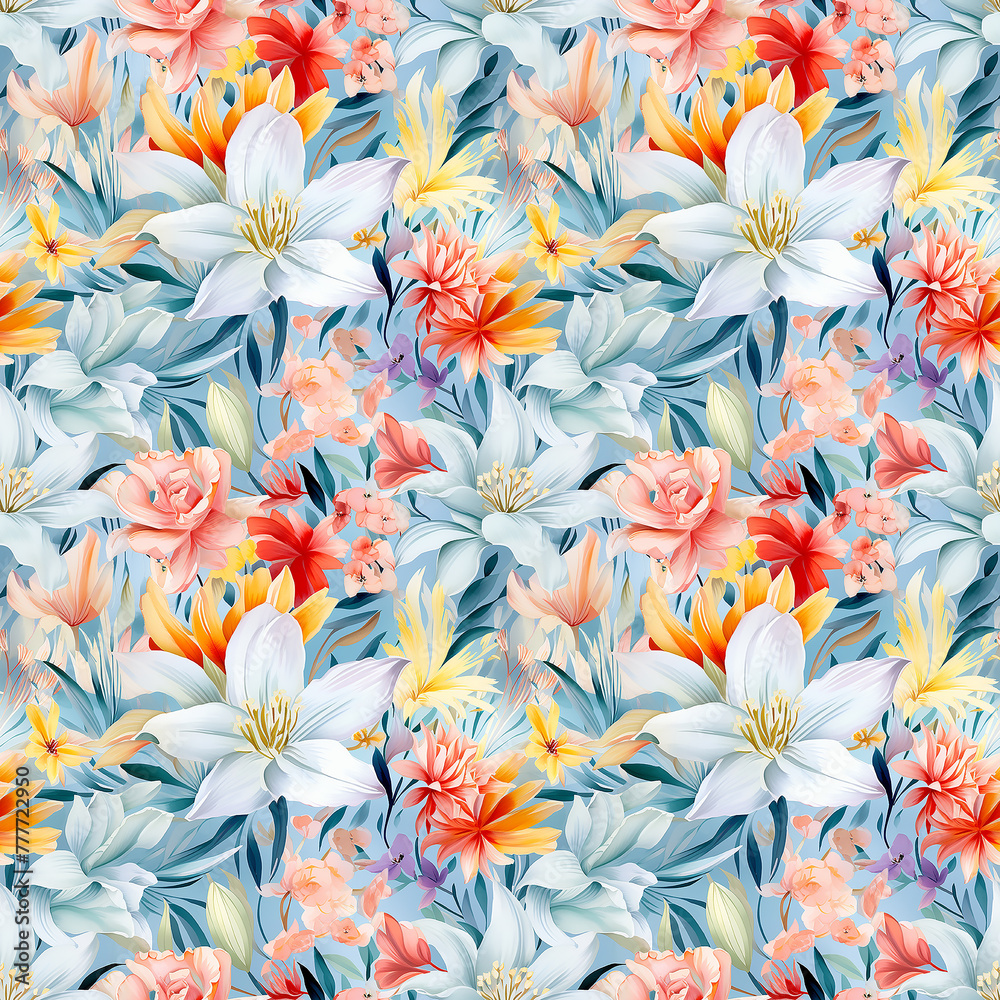 Blue Background With Assorted Flowers