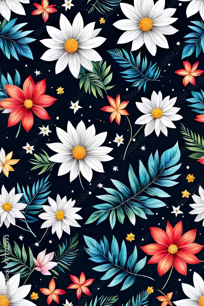 Vibrant, intricate floral design set against dark background, creating visually appealing contrast between colorful flowers, dark backdrop. For website design, advertising, greeting cards, magazines. Vibrant, intricate floral design set against dark background, creating visually appealing contrast between colorful flowers, dark backdrop. For website design, advertising, greeting cards, magazines.