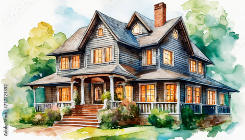Craftsman Bungalow Watercolor Home