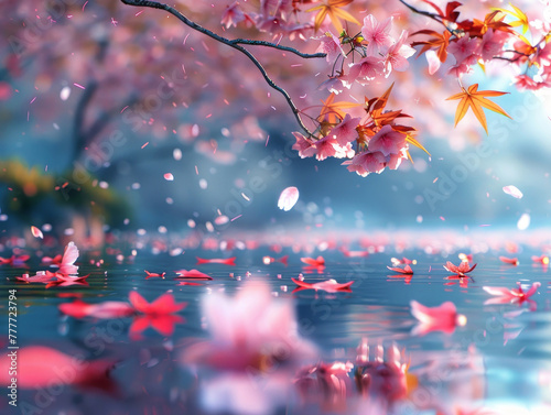  sfondo di albero di ciliegio in fiore, foglie delicate, petali nell' acqua bassa, foglie colorate,  luce naturale, petali che cadono nell'acqua limpida,  © garpinina