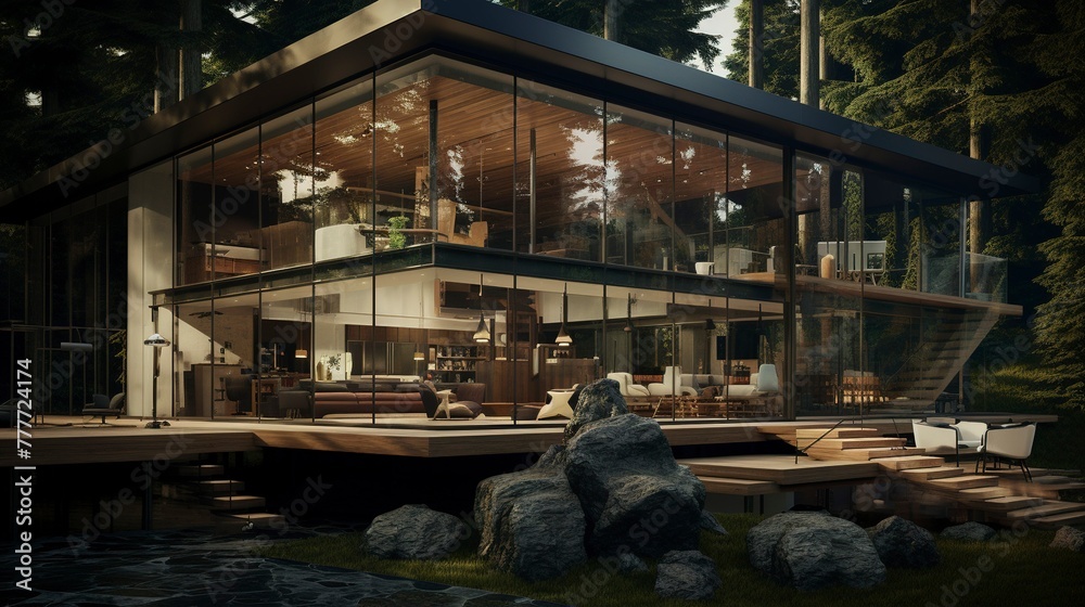 Fototapeta premium Luxurious modern house with large windows,