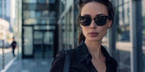 business woman in a black dress on a city street wearing sunglasses Generative AI