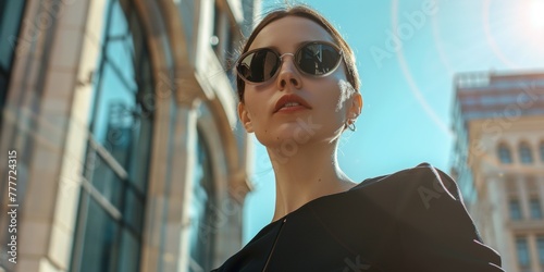 business woman in a black dress on a city street wearing sunglasses Generative AI