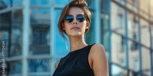 business woman in a black dress on a city street wearing sunglasses Generative AI