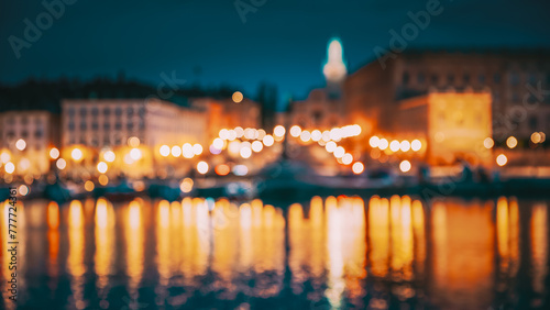 Stockholm, Sweden. Scenic Famous View Of Embankment In Old Town. Abstract Boke Bokeh Background. Design Backdrop.