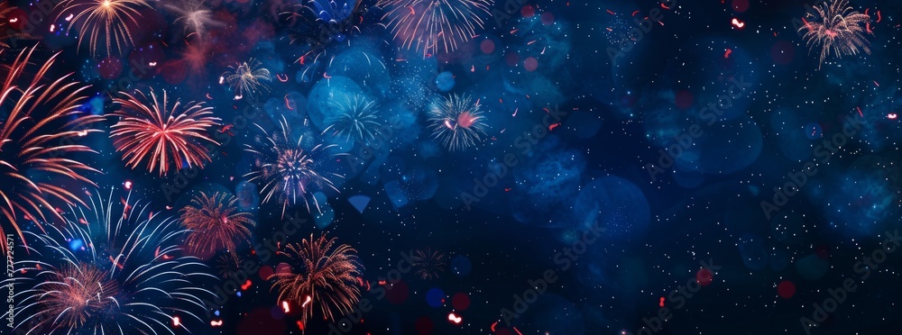 Red, white and blue fireworks lit up the night sky on a dark background banner for a July 4th celebration Generative AI Red, white and blue fireworks lit up the night sky on a dark background banner for a July 4th celebration Generative AI