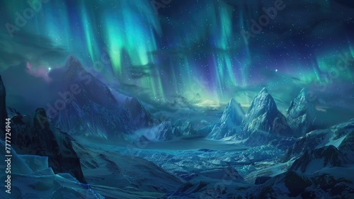 dream where twilight zone where the northern lights fill the entire sky, illuminating an icy landscape below © Anna