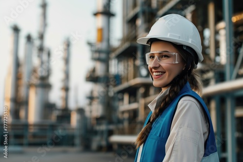 Portrait of a happy female engineer at an oil refinery, female engineer inspecting an industrial oil refinery, wearing a construction helmet and blue vest © ERiK
