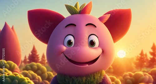 A cartoon pink pig standing in a field of tall grass and trees.