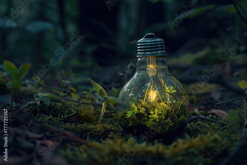 A natural terrarium inside a glass bulb that doesn't extend beyond the boundaries of the bulb, with a nighttime forest in the background
