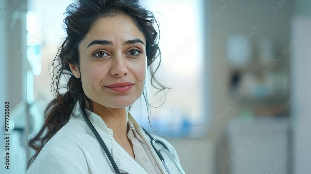 Fototapeta premium female doctor in a white coat with gray hair with a sweet smile against the background of a window in the hospital. Concept of modern medicine, health.