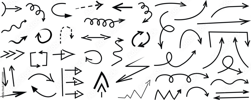 Arrows icon set isolated on transparent background. Hand drawn arrow mark vectors collection. Line with editable stroke arrow indicated the direction symbol curved sign for the website and app.