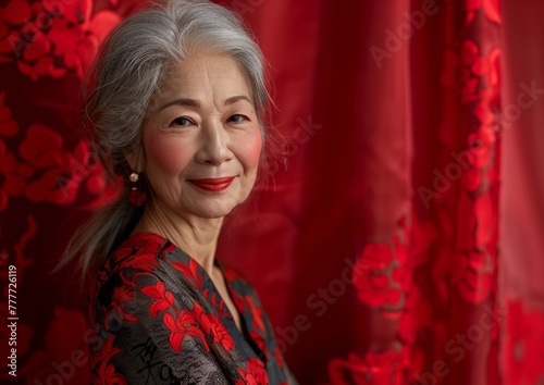 Mature Silver-Haired Woman, Radiant Smile in Red, Red Background