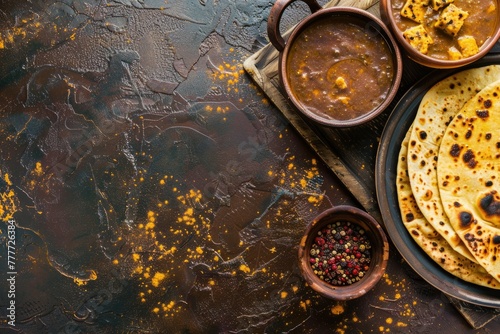 curry, paneer. Indian bread. Chapati, roti. Flat lay. brown background. postcard Indian food photo
