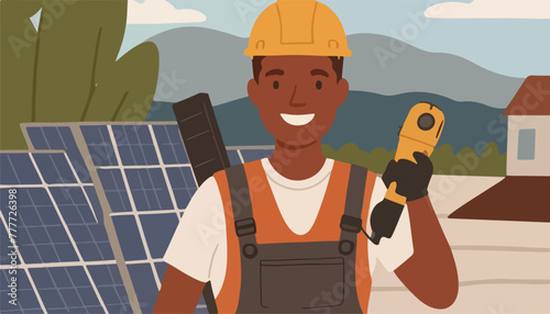 Worker Installing Solar Panels. Vector Flat Illustration.