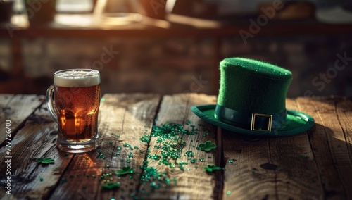 St. Patrick's Day Beer Mug with Festive Green Hat, Copy Space