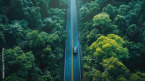 Top view forest road going through forest with car adventure. On The Road Again concept. © Mas