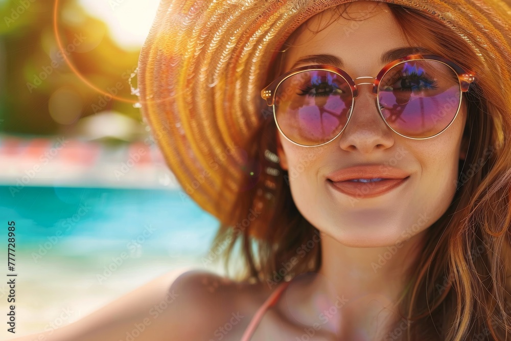 Poolside Serenity: Girl with Straw Hat and Sunglasses Relaxing in the Pool Poolside Serenity: Girl with Straw Hat and Sunglasses Relaxing in the Pool