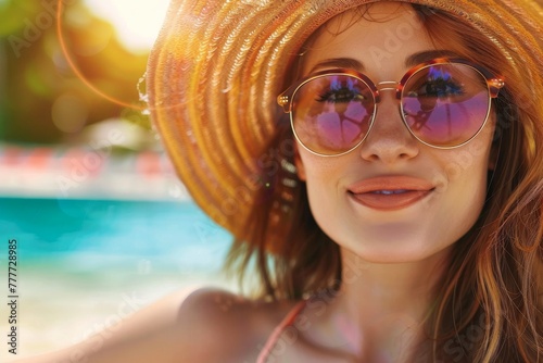 Poolside Serenity: Girl with Straw Hat and Sunglasses Relaxing in the Pool