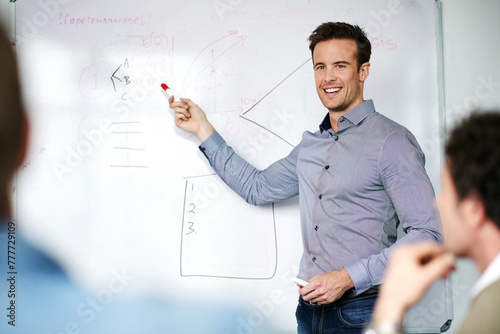 Happy man, presentation and coaching team with whiteboard for meeting, staff training or planning at office. Male person, speaker or employee showing colleagues graph, chart or information on board © peopleimages.com