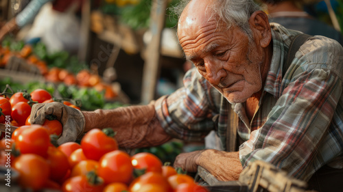 Elderly man sorting tomatoes at market.