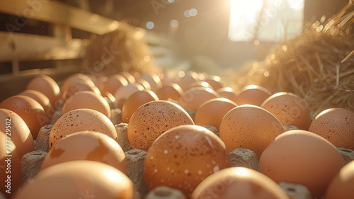 Fresh brown eggs in a farm setting