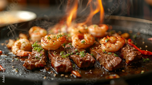 Grilled shrimp and steak on a hot plate