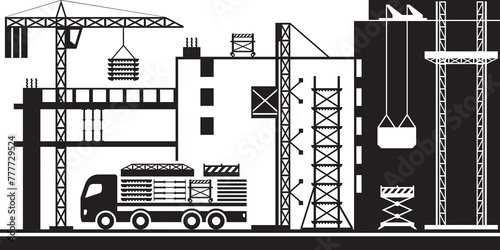 Truck supplies construction site with scaffolding – vector illustration photo