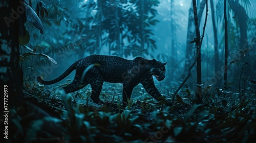 A sleek panther prowling through a dense jungle at dusk, its coat blending into the shadows, the quiet intensity of the scene highlighting the predator's grace and power.