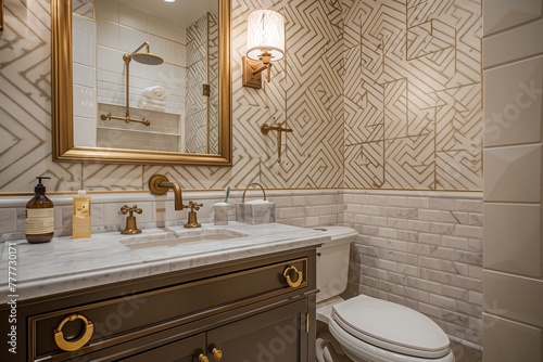 Art Deco Inspired Bathroom with Geometric Wallpaper and Vintage Vanity