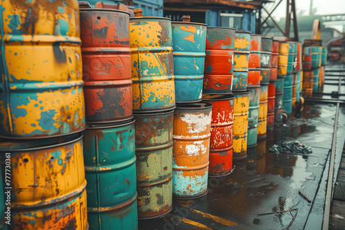 A row of colorful barrels is lined up neatly next to each other. Each barrel displays vibrant colors and unique designs, creating a visually striking display © Jelena