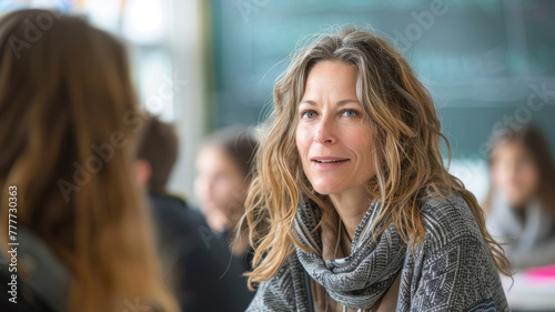 A middle-aged woman engaged in a conversation