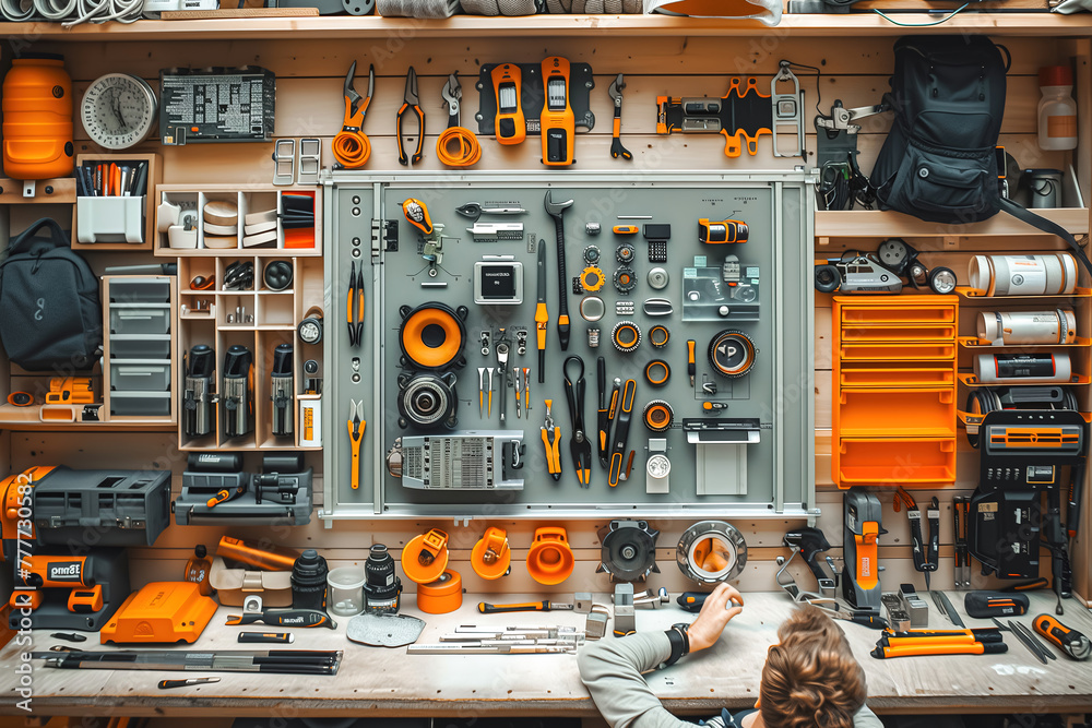 A man is actively engaged in working on a workbench that is filled with various tools and equipment. He is focused on assembly tasks, utilizing standard tools to complete the work efficiently A man is actively engaged in working on a workbench that is filled with various tools and equipment. He is focused on assembly tasks, utilizing standard tools to complete the work efficiently