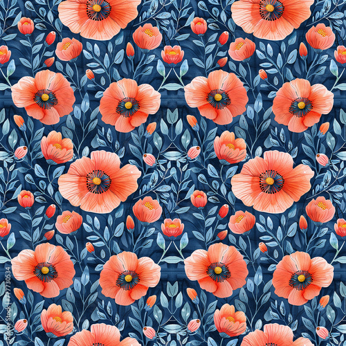 Red Flowers on Blue Background