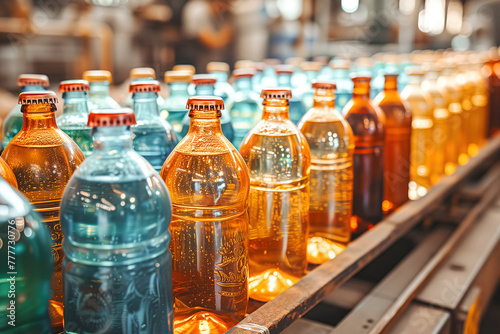 A conveyor belt is filled with numerous bottles of water for processing. The bottles move along the belt in an organized manner, ready to be recycled or packaged for distribution