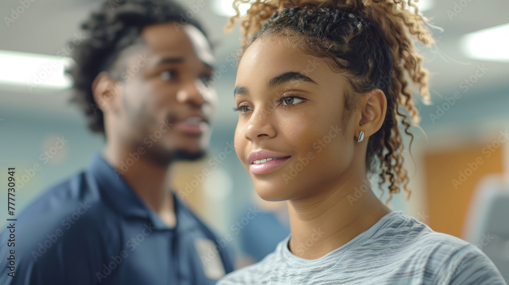 Two young adults in a gym setting. Two young adults in a gym setting.