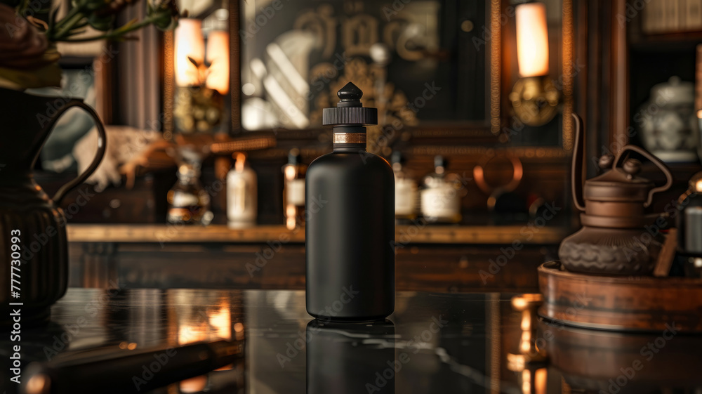 An elegant matte grooming oil bottle on wood.