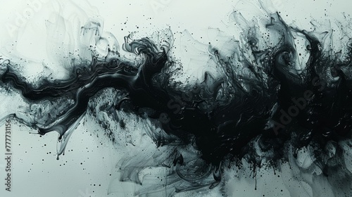 Ink blots on a black and white acrylic background. Abstract background.