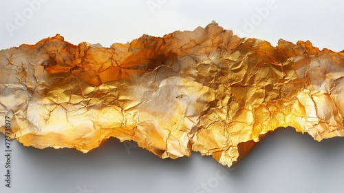 Torn pieces of metal leaf paper (potal) on white background. Golds and bronzes. photo