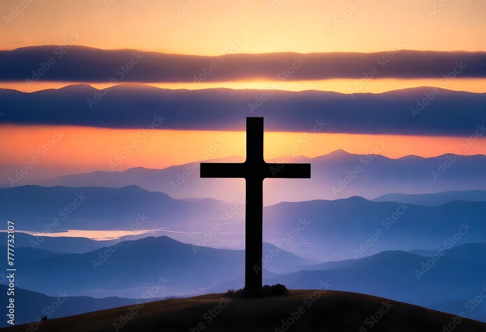 Silhouette of a cross on a hilltop with the sun setting behind it
