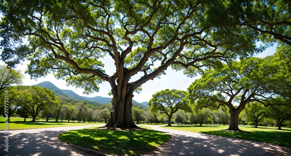 A large tree standing in the middle of a park with a path leading up to it.