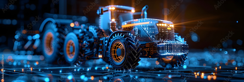 A blue light holographic display displaying,
A stunning 3D visualization of Aldriven agriculture featuring a tractor with holographic interfaces and neon lighting