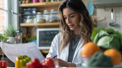 Woman reading recipe in kitchen with vegetables