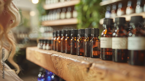 Aromatherapy oils on a shelf