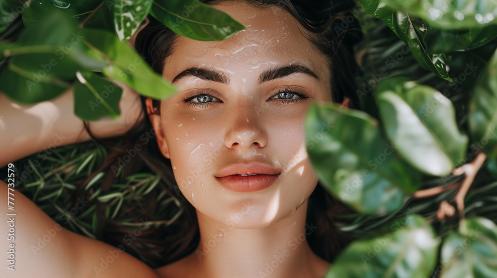 top view of beautiful young woman with clay facial mask lying on green leaves top view of beautiful young woman with clay facial mask lying on green leaves