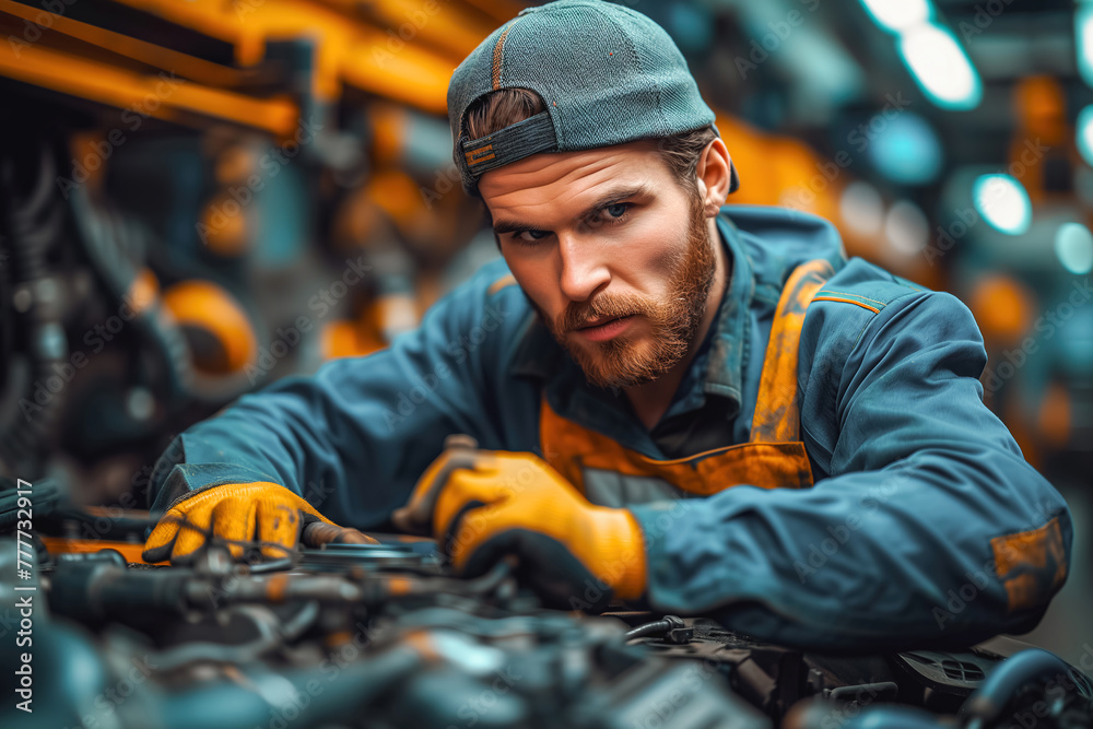 A skilled auto mechanic is meticulously working on a car engine in a factory setting. He is using various tools and equipment to repair and maintain the engine, ensuring it functions efficiently A skilled auto mechanic is meticulously working on a car engine in a factory setting. He is using various tools and equipment to repair and maintain the engine, ensuring it functions efficiently