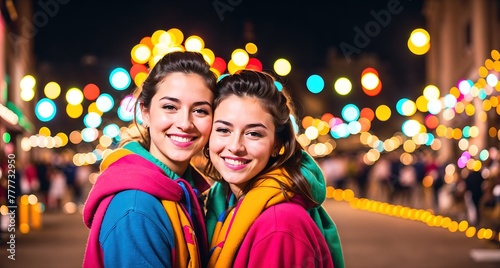 Two young women smiling and embracing each other in the middle of a crowded street at night.