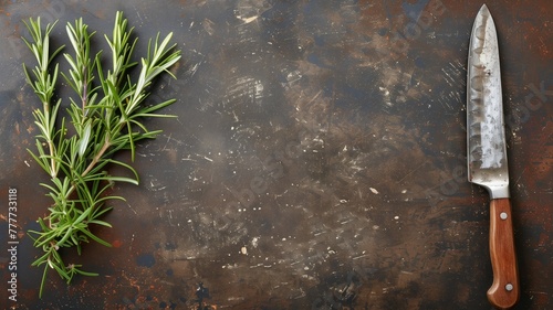 Branch of fresh rosemary beside chef's knife on worn metal background photo